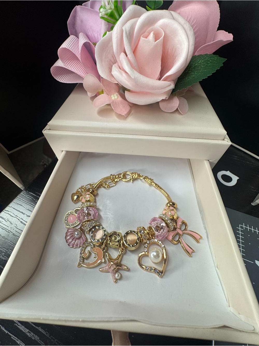Gold and Pink Charm Bracelet - Women's Jewelry